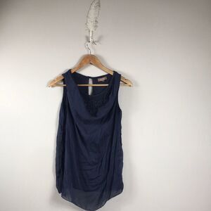 Carla Conti Italian Silk & Crochet Overlay Navy Boho Tank Top